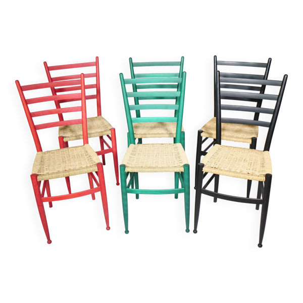 6 chaises de salle à manger en bois et osier, Italie années 1960-1970