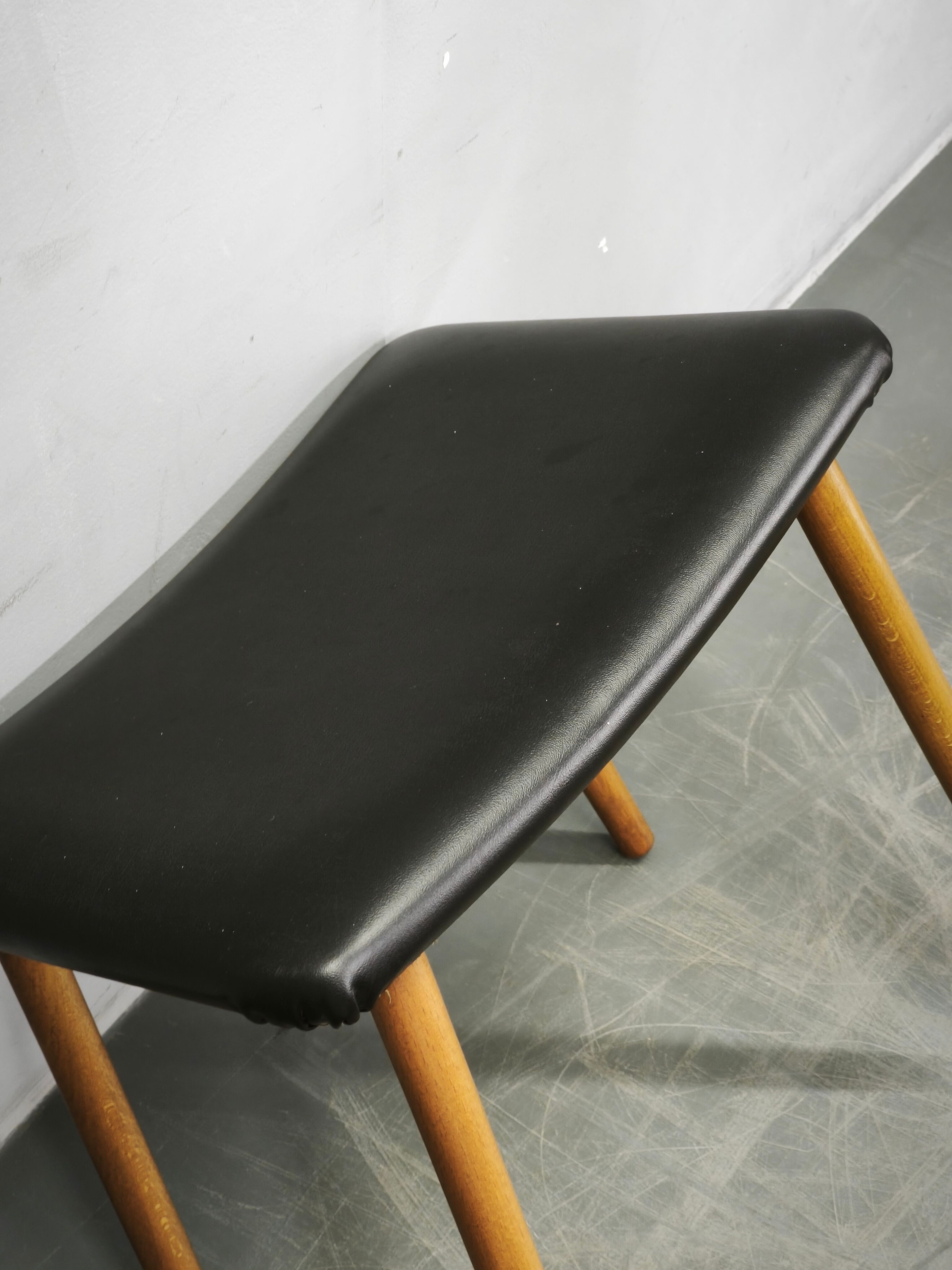 Danish Modern Beech Footstool with Black Vinyl Seat, 1960s