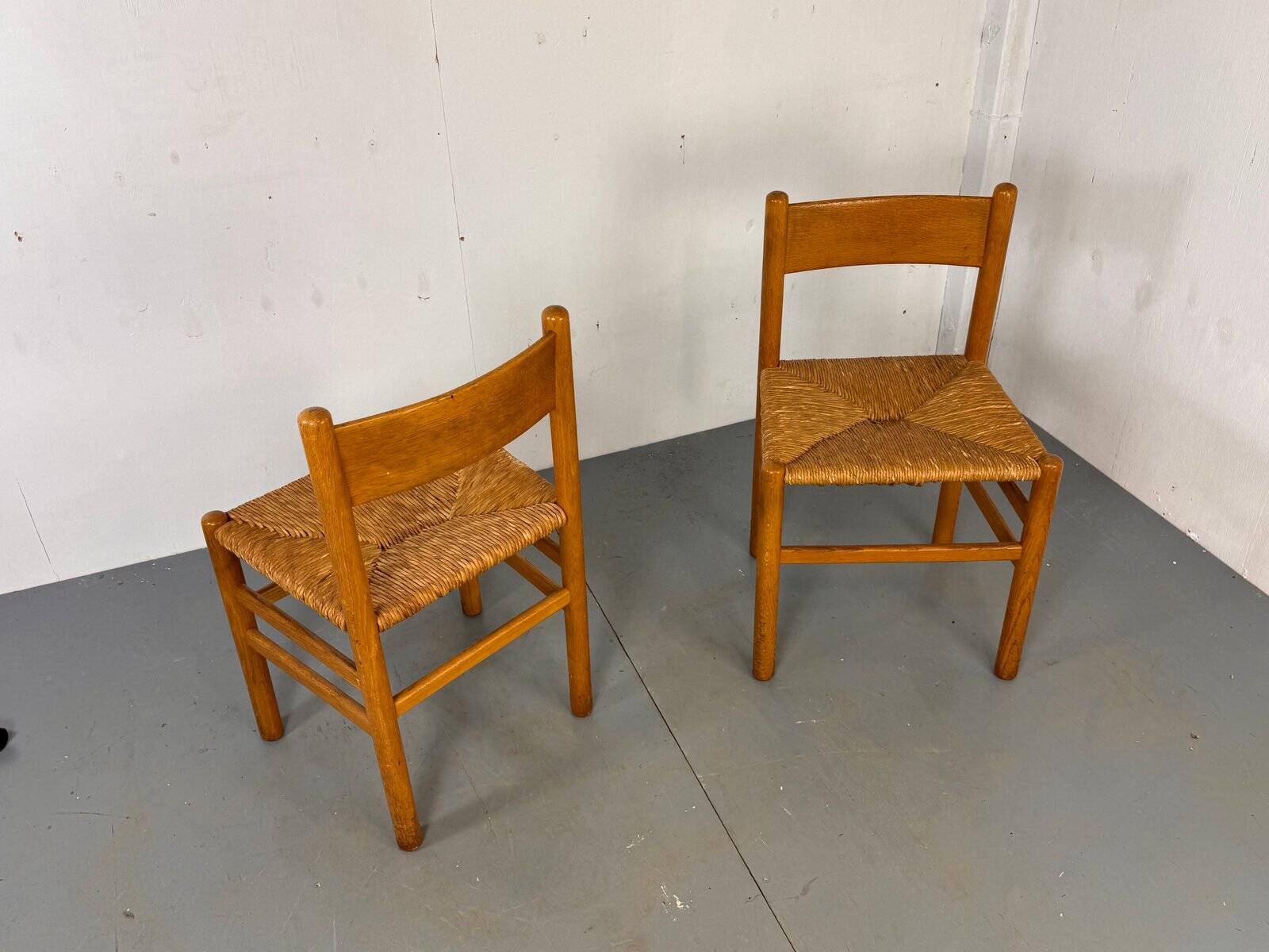 Vintage oak and rush chairs by J Van Heuvel for Advorm, 1950s, set of 2