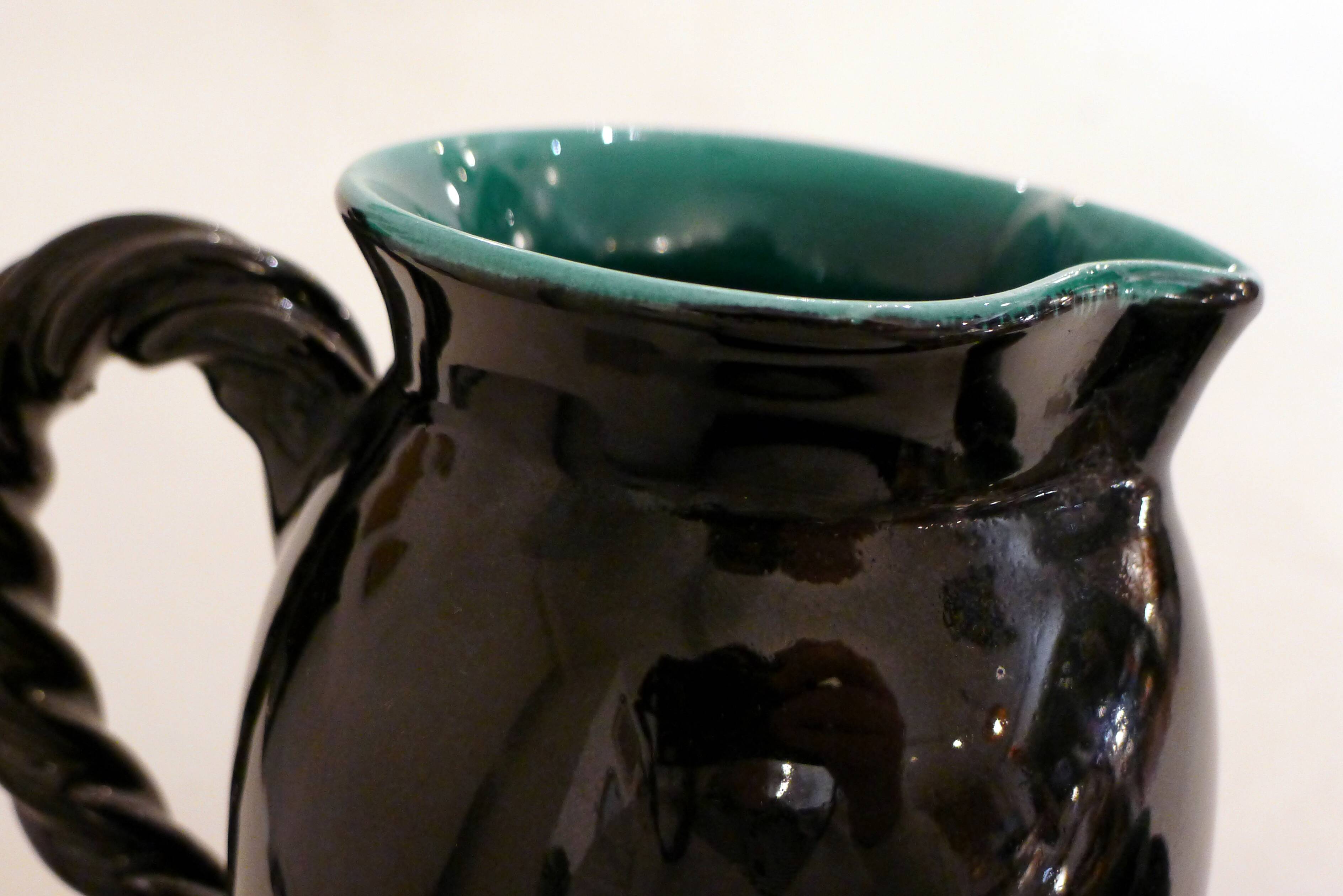 Set of 2 pitchers with braided handles, in Grandjan-Jourdan Vallauris earthenware, 1950