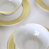 Set of 7 cups and under cups in ceramic Moulin des Loups, yellow, French manufacture,
