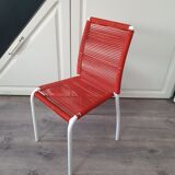Vintage children's chair in white matel (some splinters of paint) with red scoubidou rope year 70