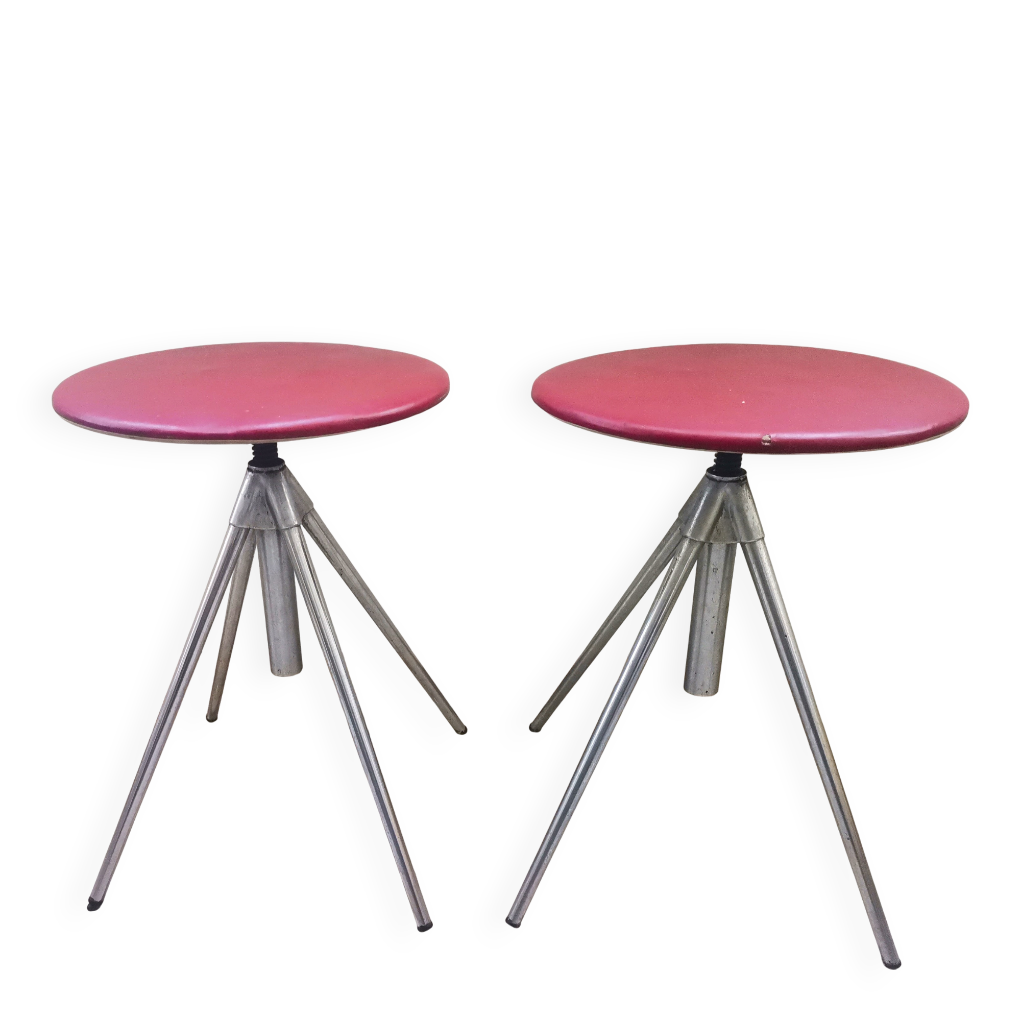 German red leather swivel filigree rotating height adjusting stools by Hailo 1960s, Set of 2