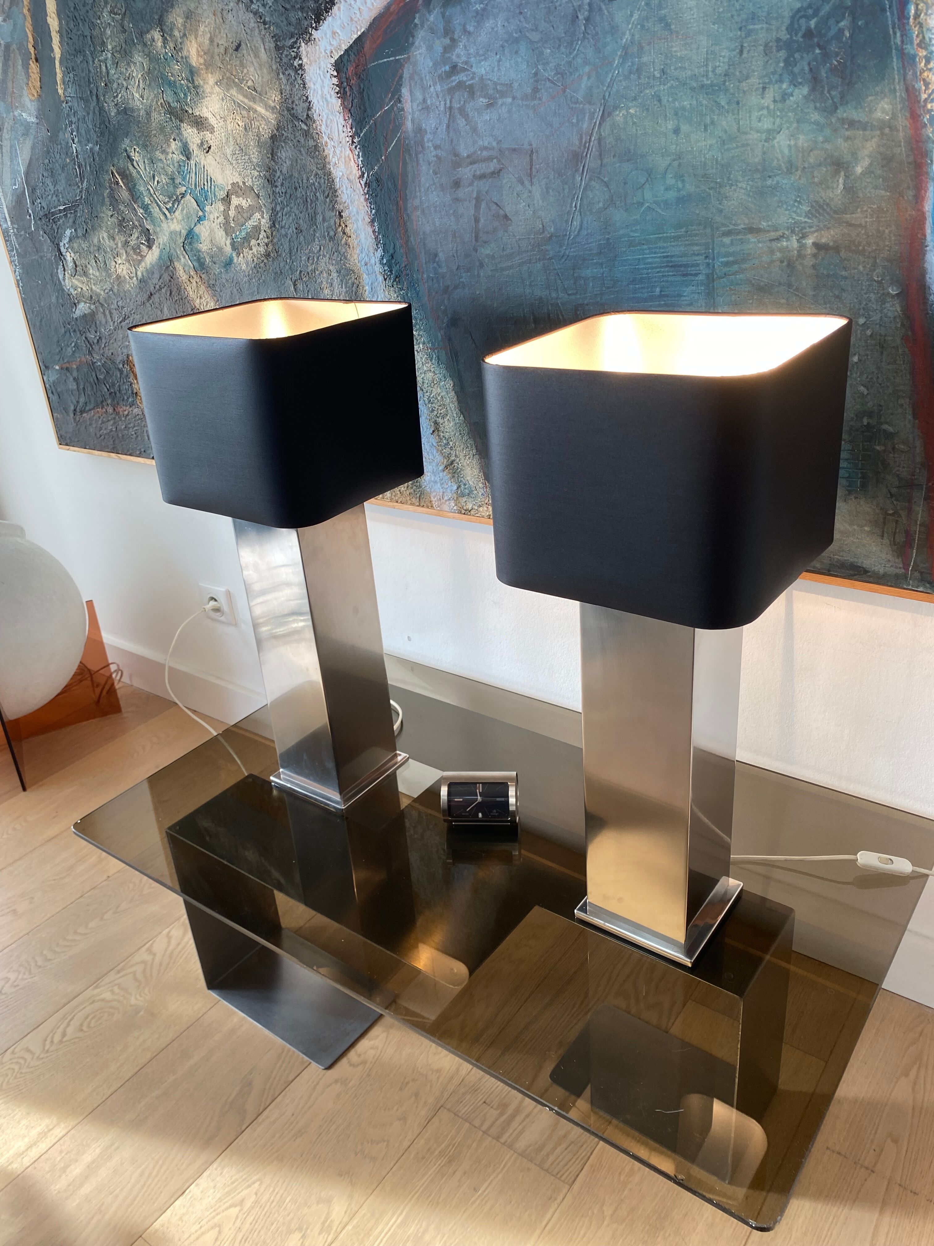 Pair of Building lamps in brushed stainless steel. Roche-bobois. France 1970