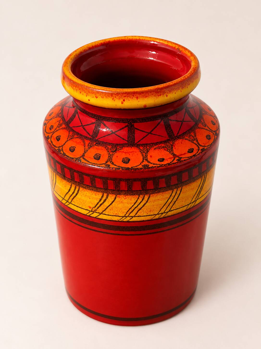 Red vase with engraved decoration, Aldo Londi for Bitossi, Italy, 1960s–1970s.