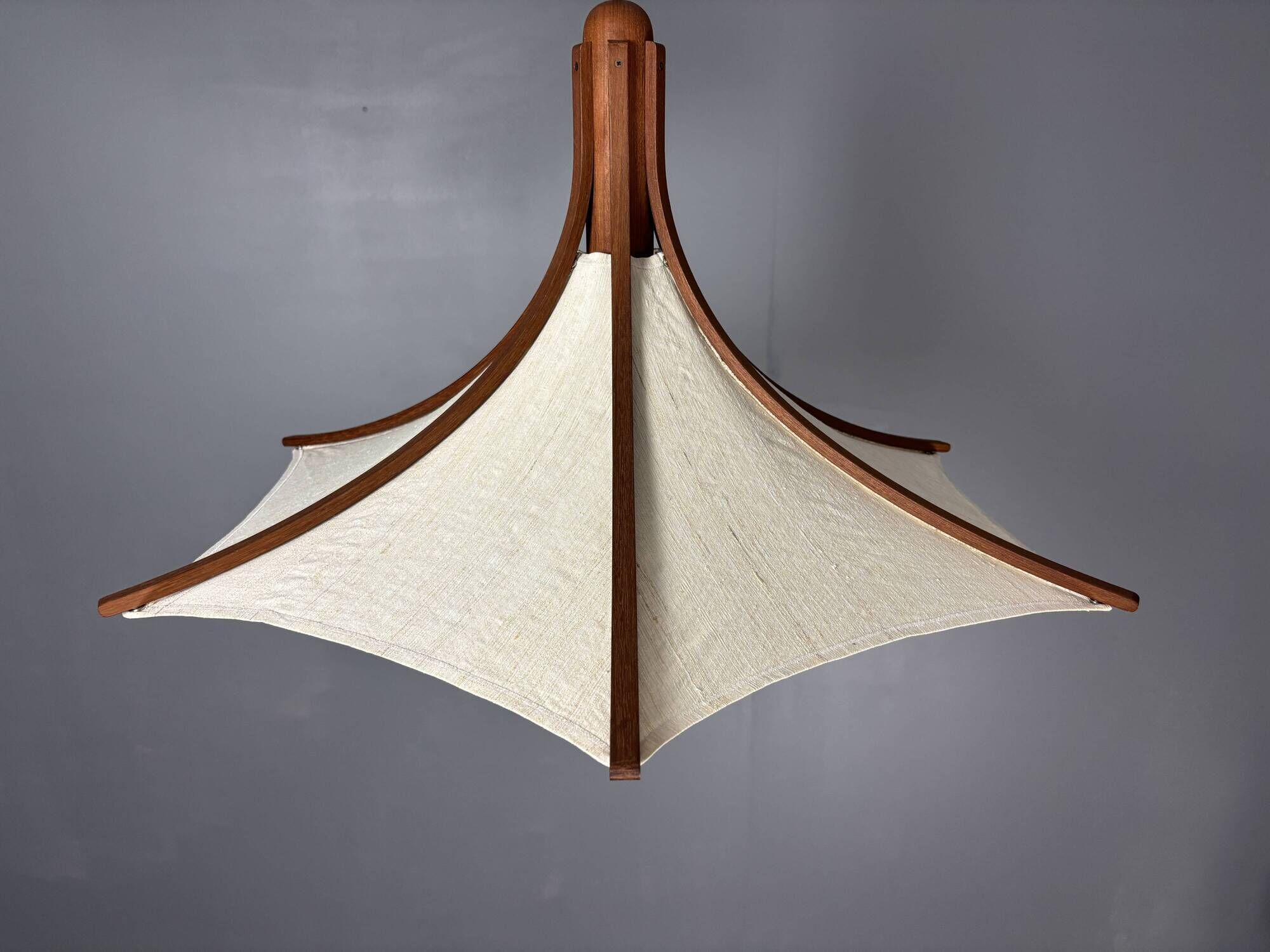 Teak And Linen Umbrella Counter Balance Pendant By Domus, 1970s