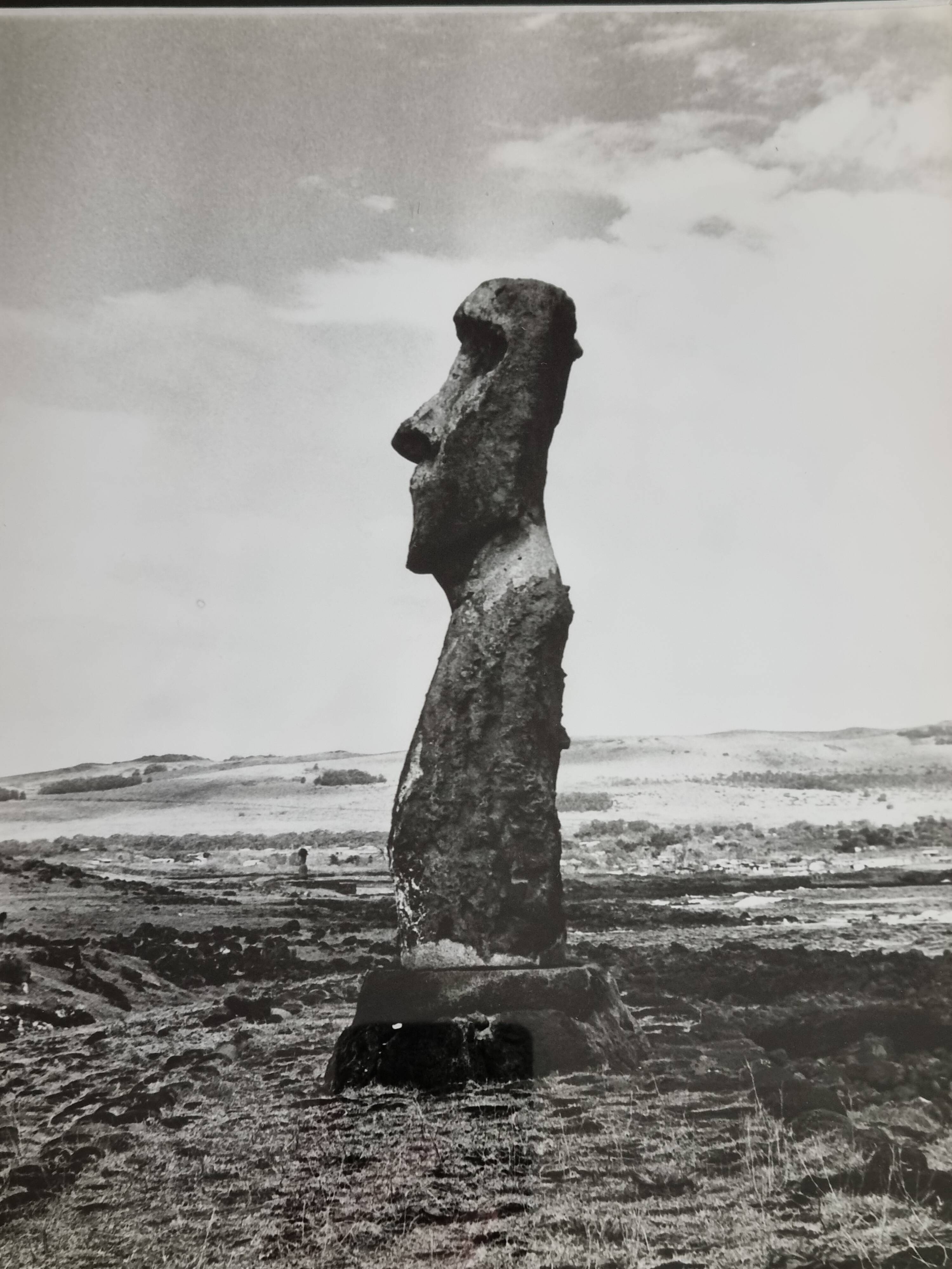 Vintage framed silver print, Moai of Easter Island, ethnological mission from 1970