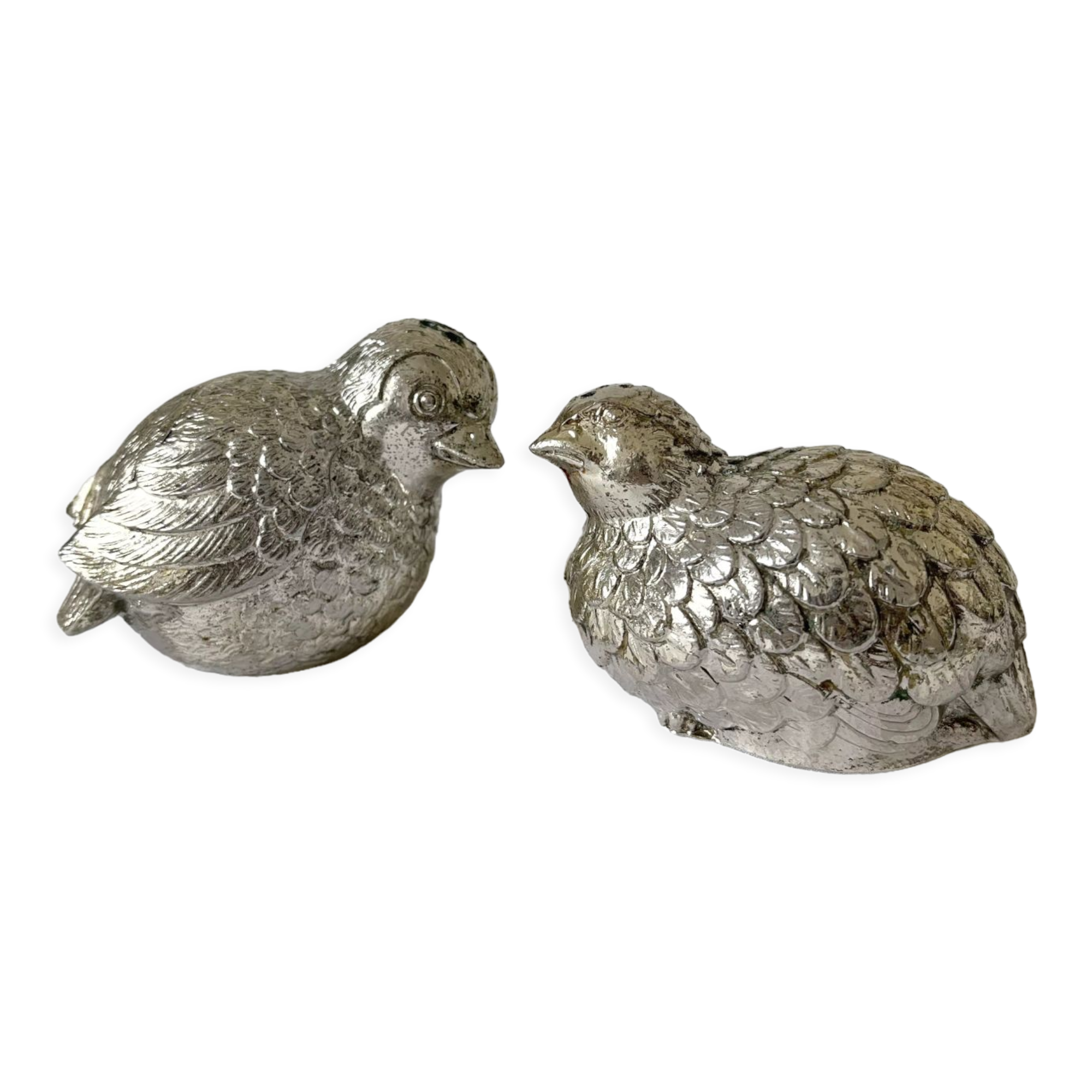 Salière et poivrière en métal argenté oiseaux vintage