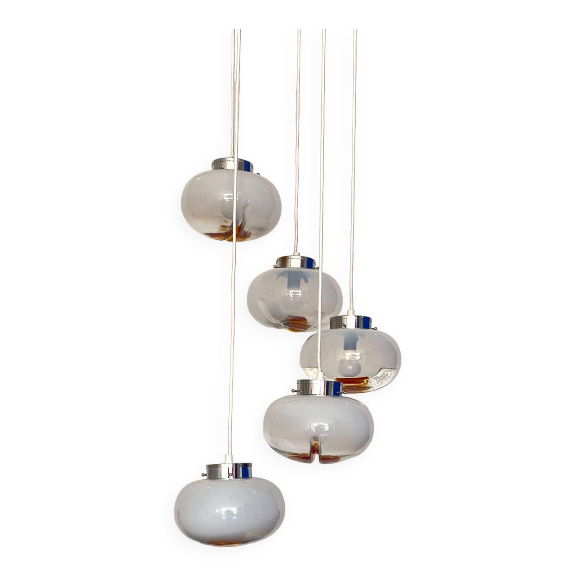 Large chandelier pendant waterfall glass globes Mazzega Murano design seventies LAMP-7267