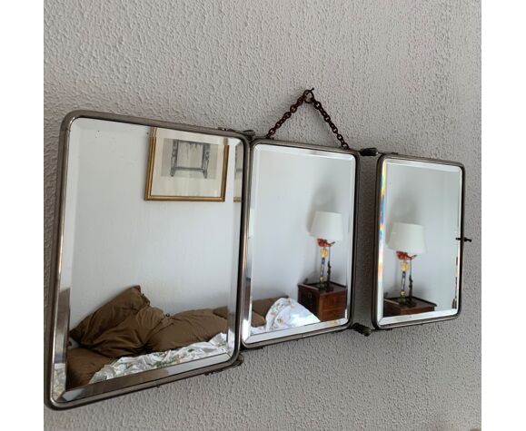 Vintage mirror 1930 triptych barber crystal fabric - 27 x 67 cm