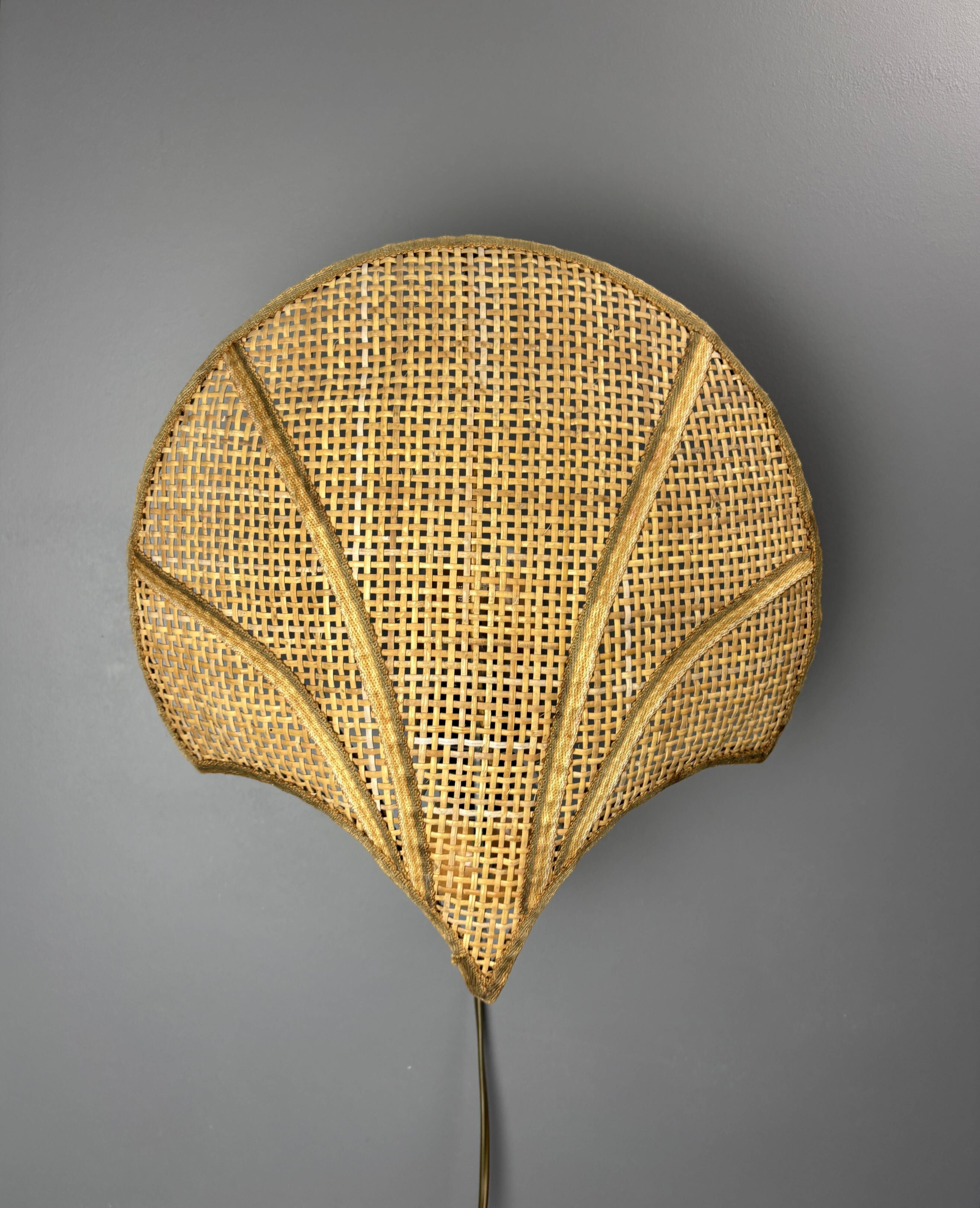 Pair midcentury Italian rattan wicker pine brass scallop wall sconces 1970s