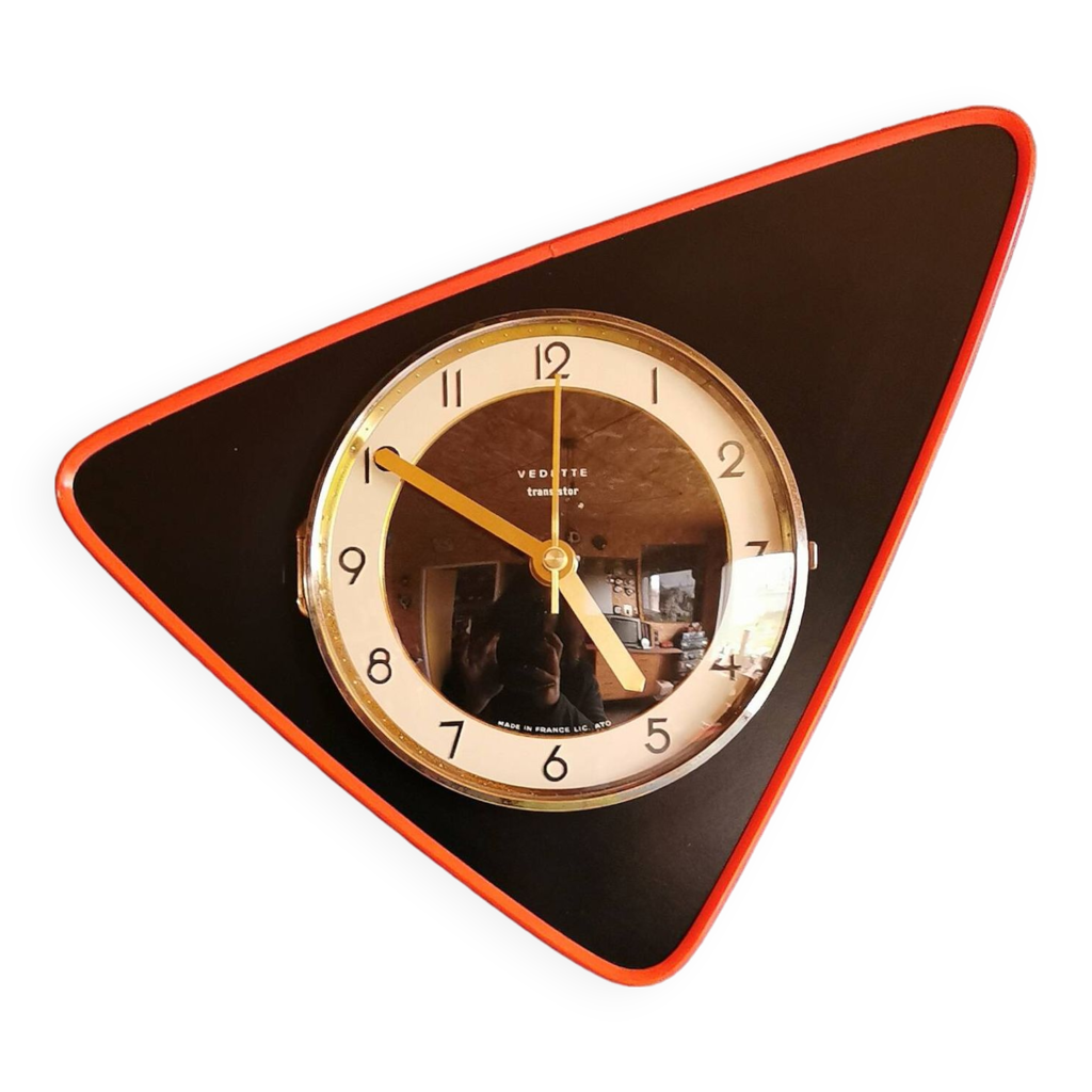 Horloge formica vintage pendule murale silencieuse asymétrique "Vedette  noir orange" | Selency