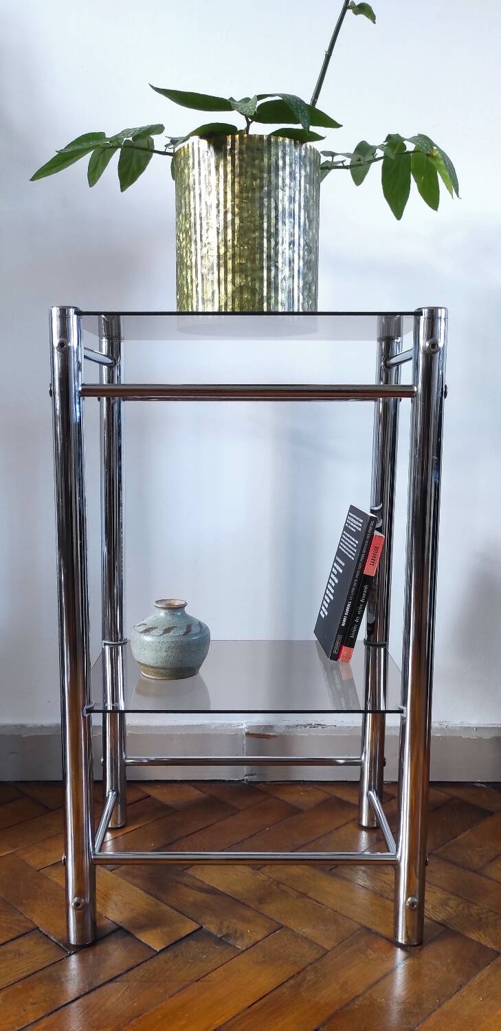 Sellette / Table d'appoint vintage Yves Boutboul - Métal chromé & verr