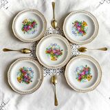 5 Assiettes à Dessert en Porcelaine de Limoges Nœud, Fleurs et Panier