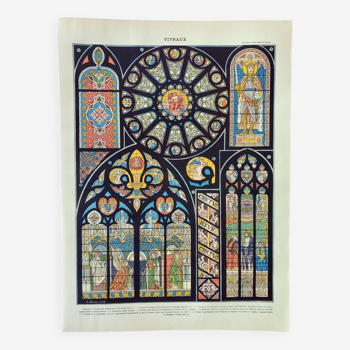 Gravure ancienne 1898, Vitraux 2, église, vitrail • Lithographie, Planche originale