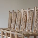 Set of 6 French Mid Century Naturalist Woven Highback Chairs in Solid Elm, 1960s