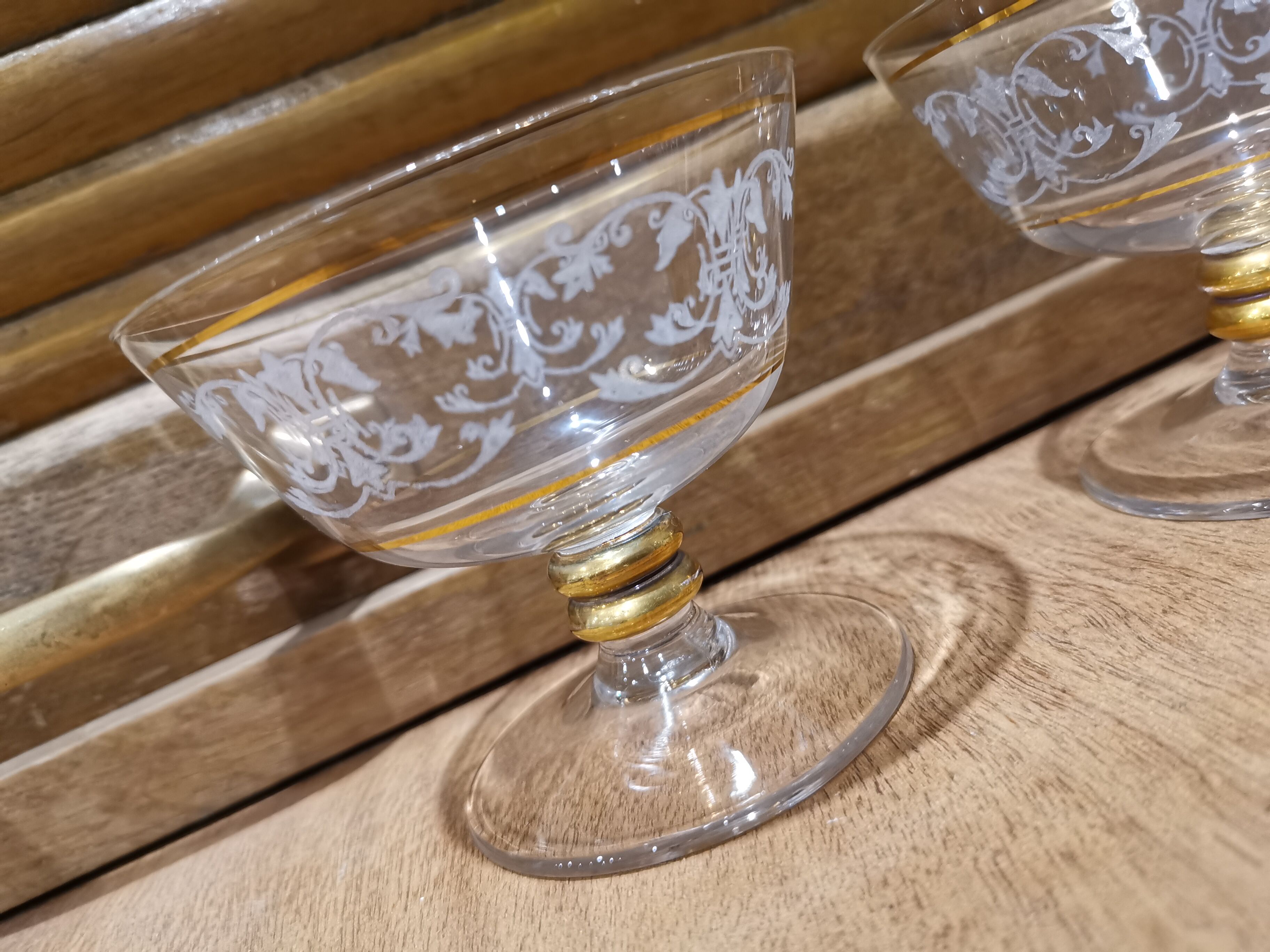3 champagne glasses in fine gold crystal glass engraved