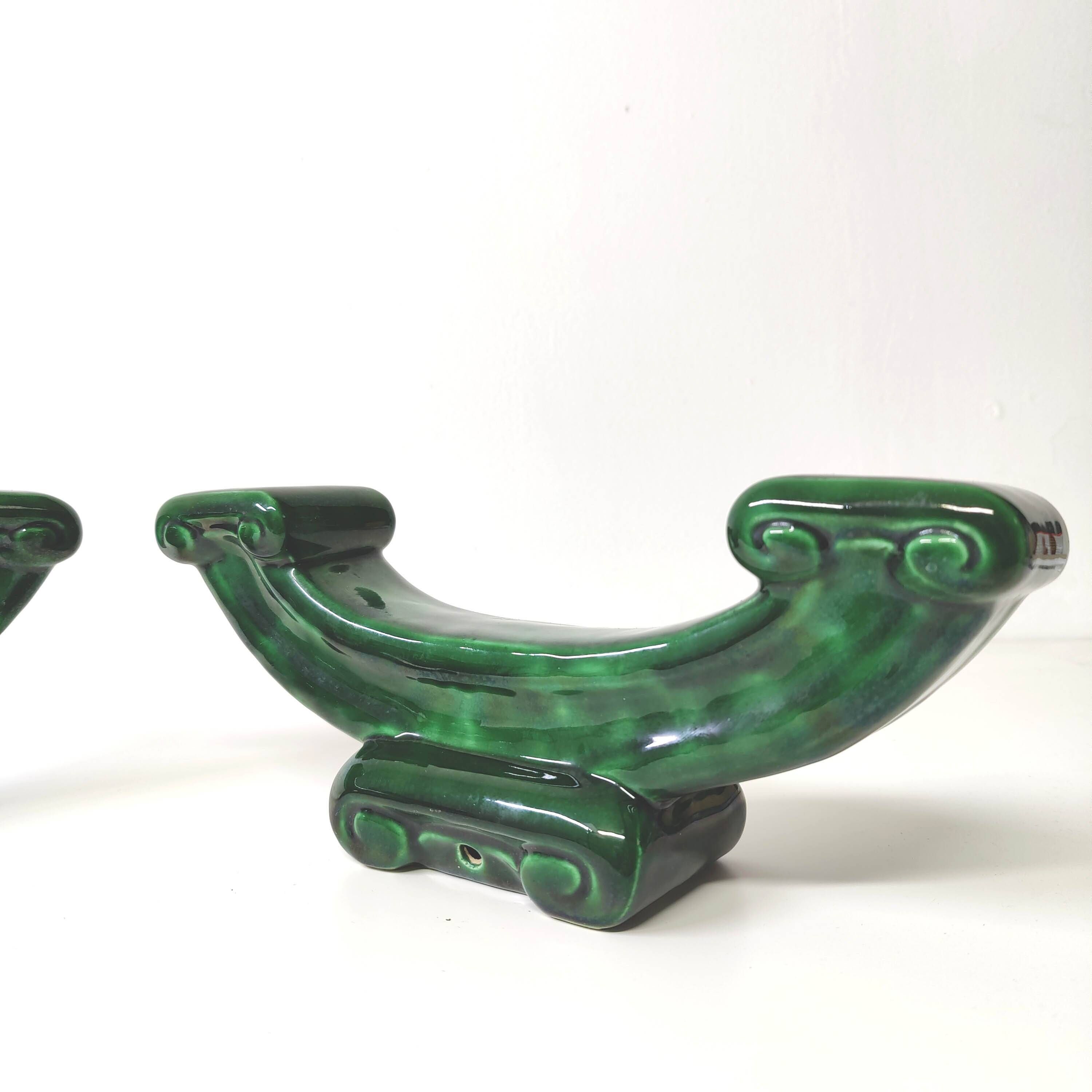 Pair of Art Deco green ceramic candlesticks by Santiago Rodriguez Bonome Paris