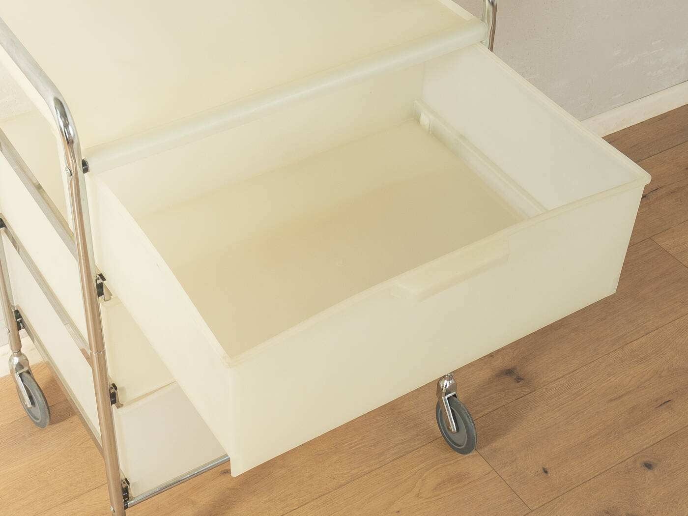 Functional rolling container with chrome frame and transparent drawers, 1980s