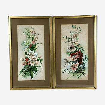 Paire d’aquarelles bouquets de fleurs vers 1900