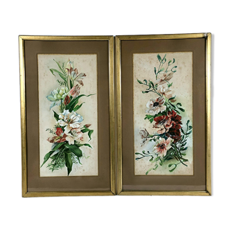 Paire d’aquarelles bouquets de fleurs vers 1900