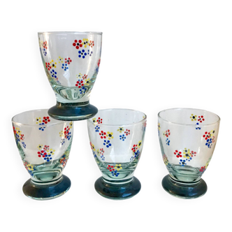 set of 4 water glasses small colorful flowers design 70s