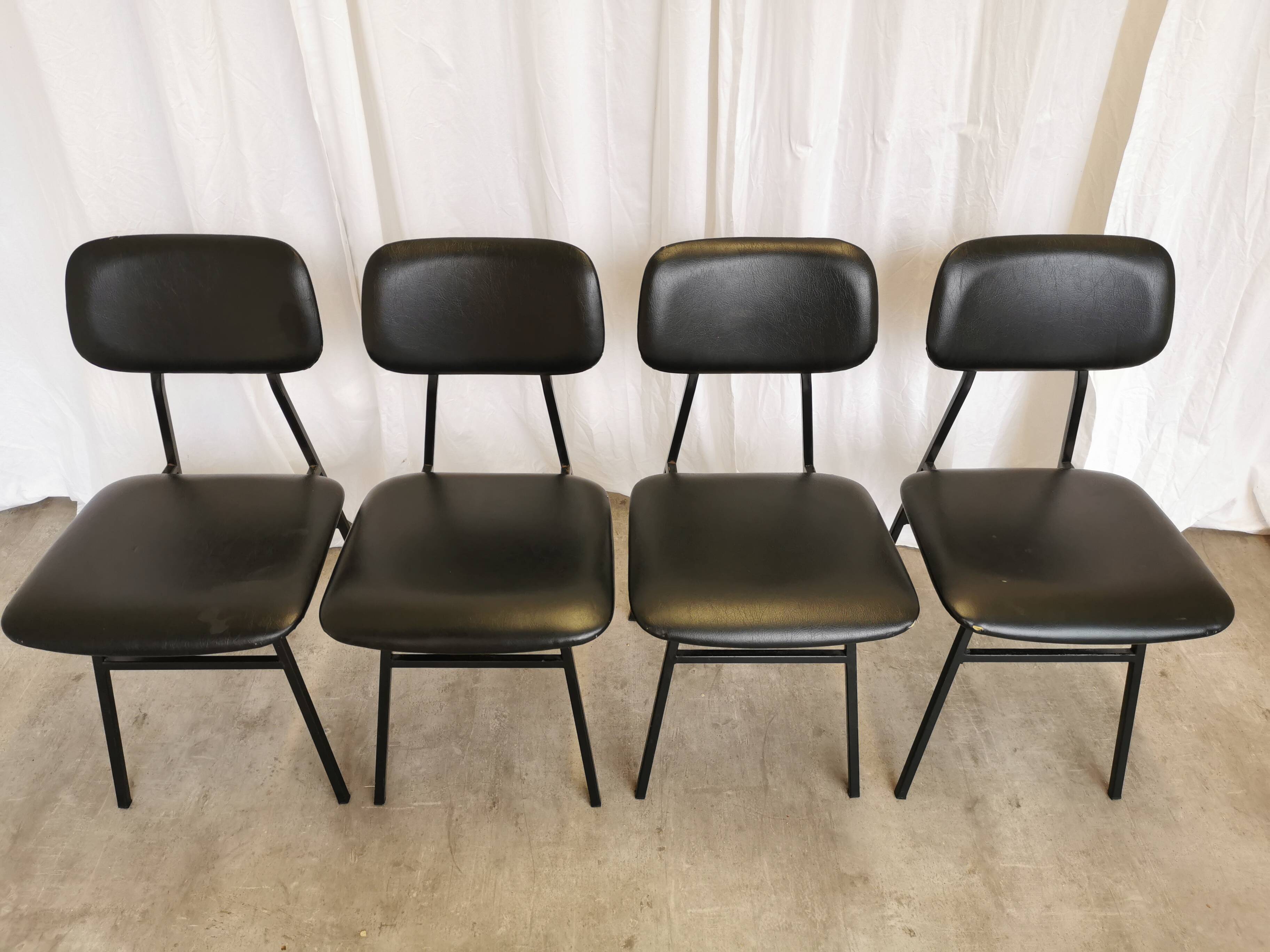 SET of 4 Vintage School Chairs /Black Leather / STOL Kamnik 80s Yugoslavia