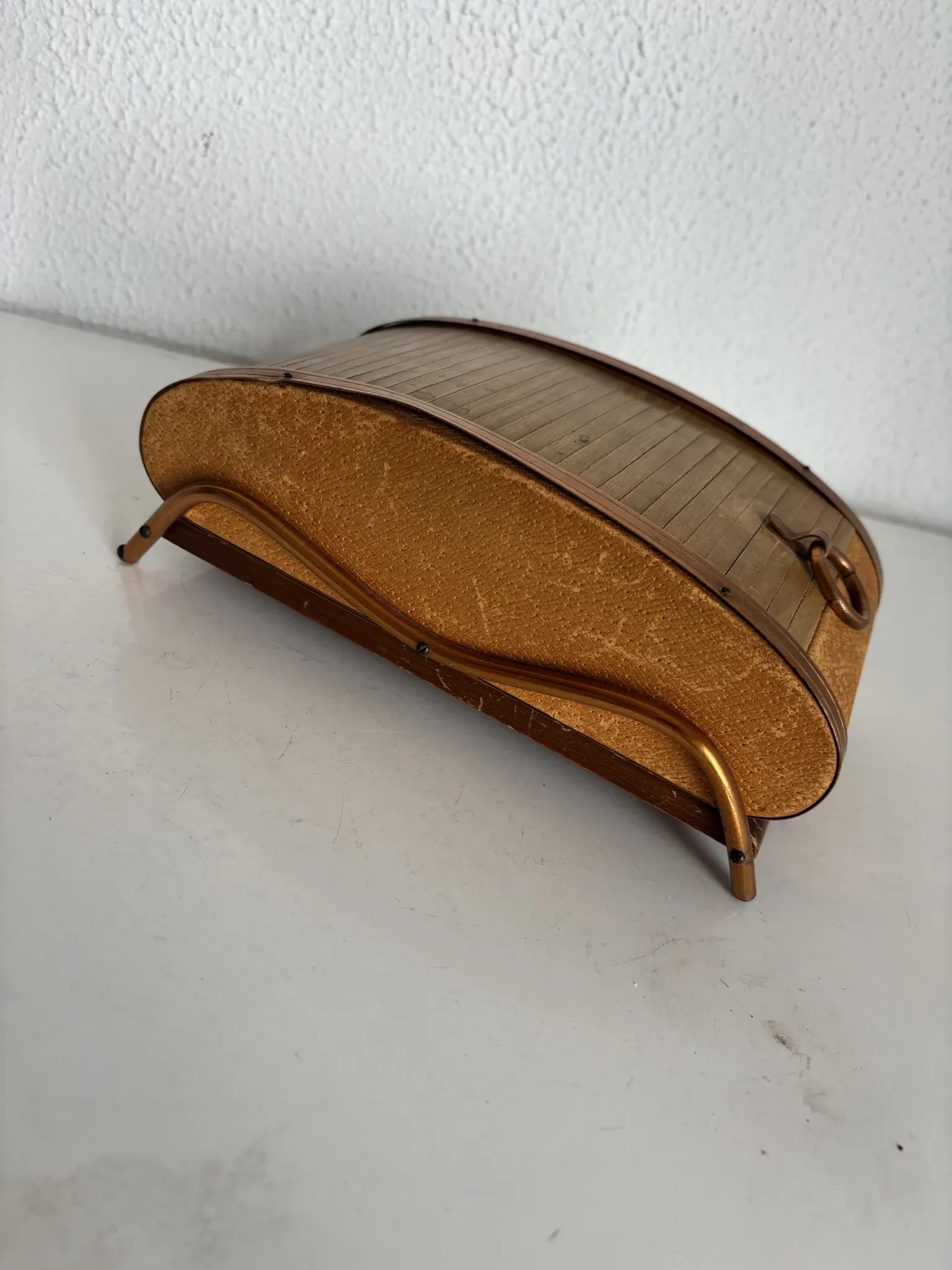 Vintage cigarette dispenser 1960 curtain box wood copper - 21 x 12 cm