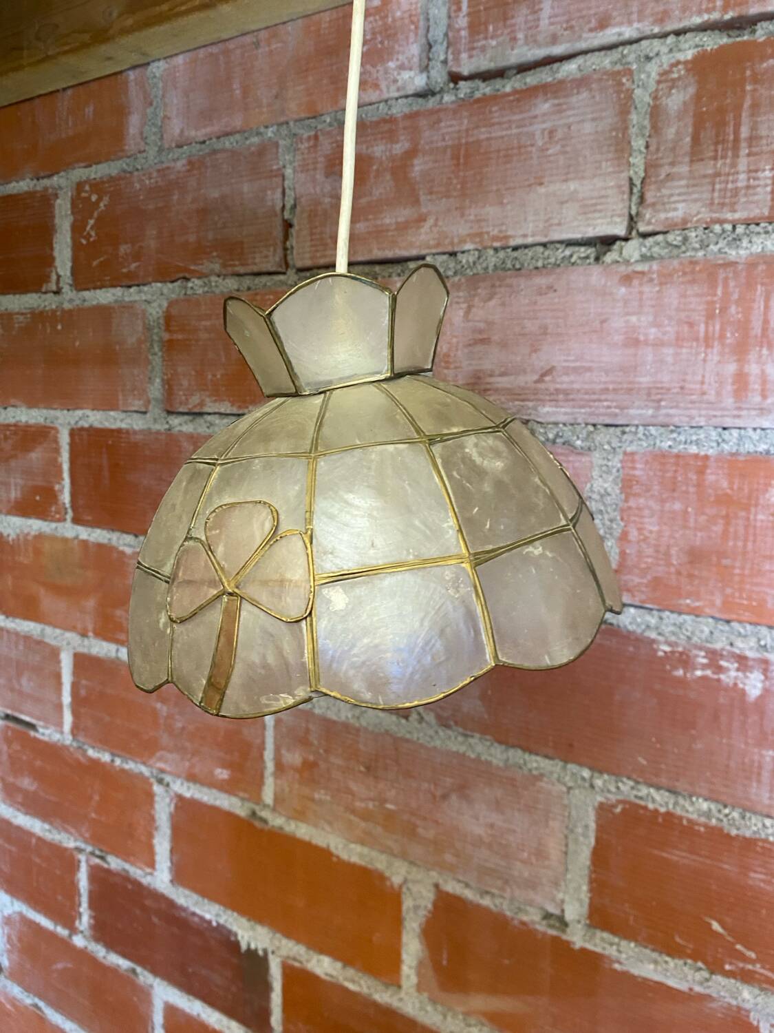 Antique Art Deco Style Pendant Light, Mother-of-Pearl & Brass, 1970s Vintage