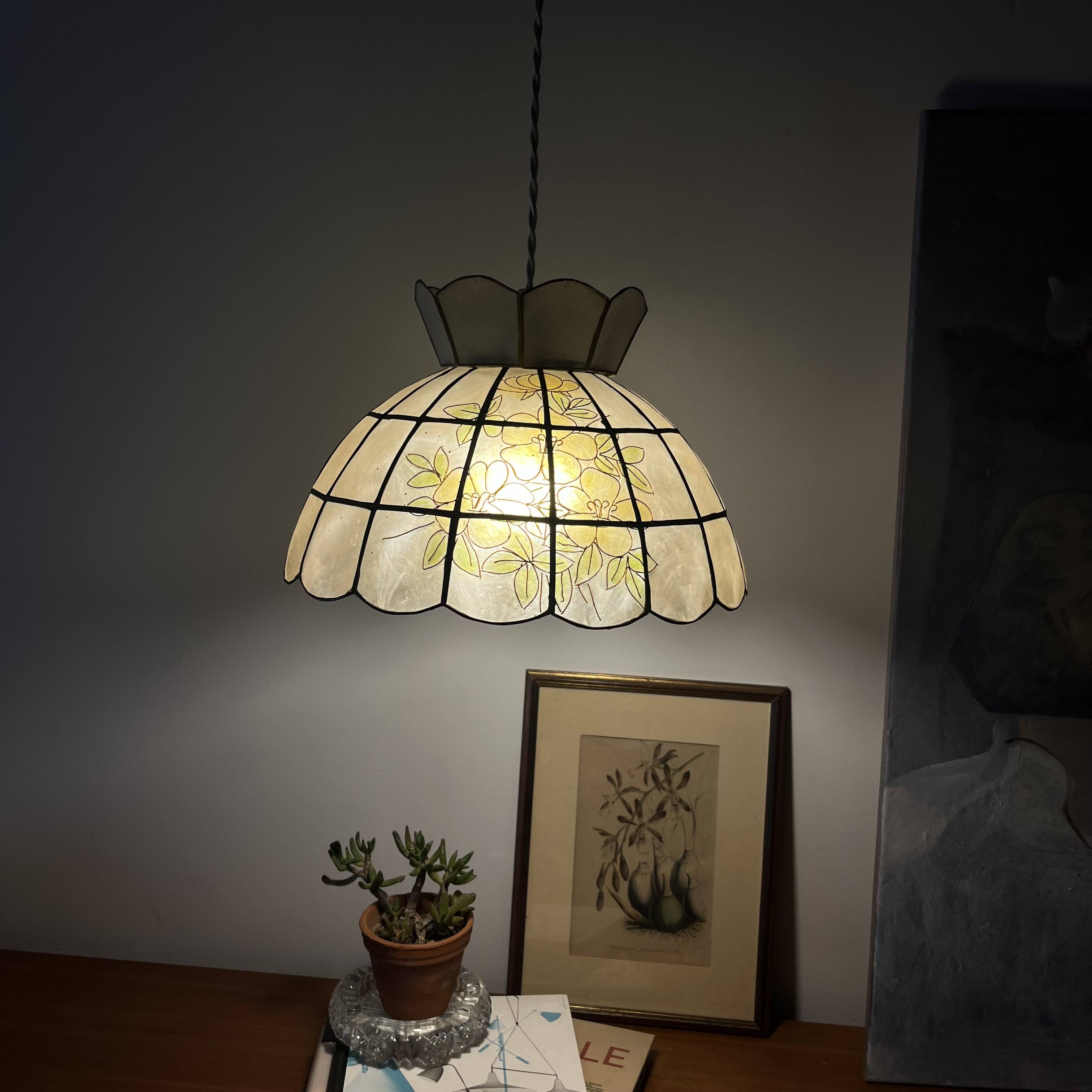 Capiz shell pendant light with flowers