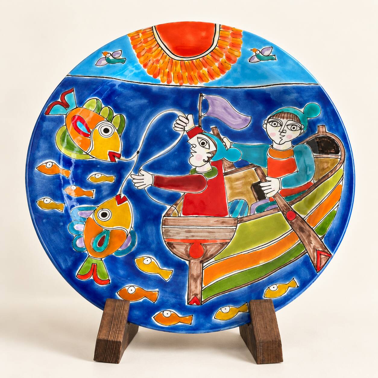 Simone's Plate, fishermen in a boat, hand-painted ceramic 26 cm, Sicily