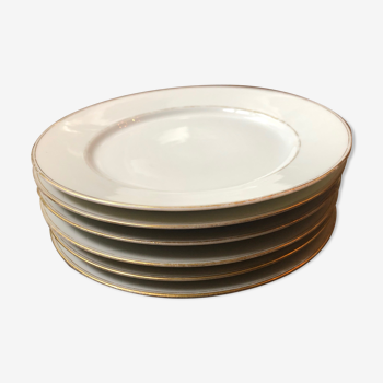 6 assiettes plates en porcelaine fine blanche avec liserés dorés