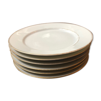 6 assiettes plates en porcelaine fine blanche avec liserés dorés