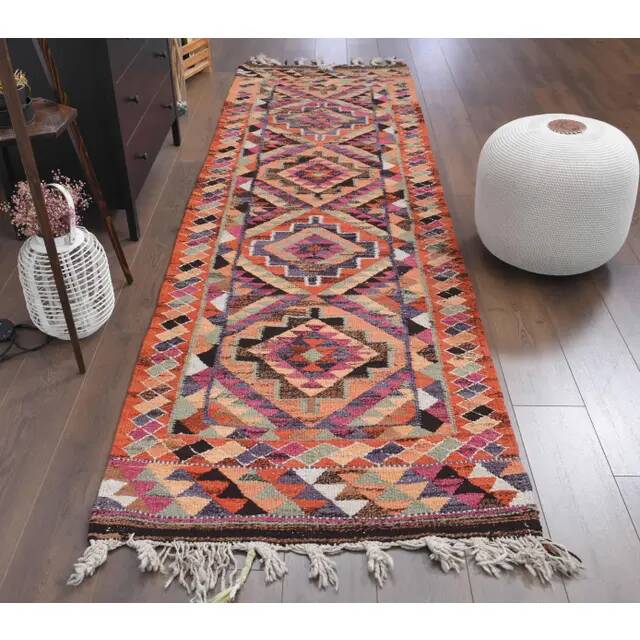 1970s Vintage Turkish Hand-Knotted Wool Cotton Orange Runner Rug 100x322