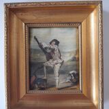 Old golden frame "lute player" on silk