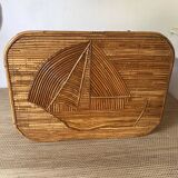 Rattan coffee table with sailboat decor from the 60s