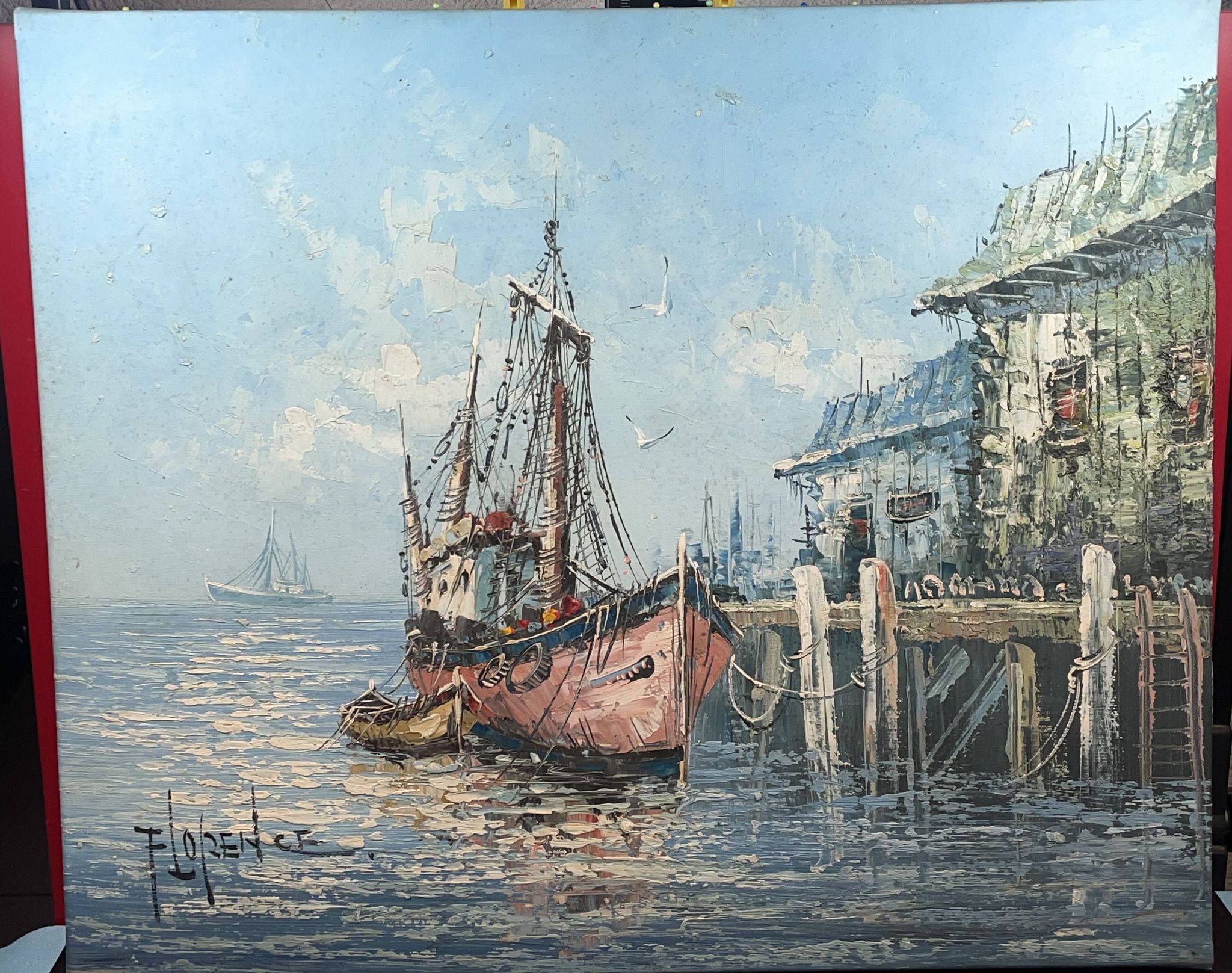 Painting Oil on canvas, Marine, Boat at the dock signed Florence