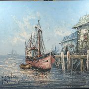 Painting Oil on canvas, Marine, Boat at the dock signed Florence