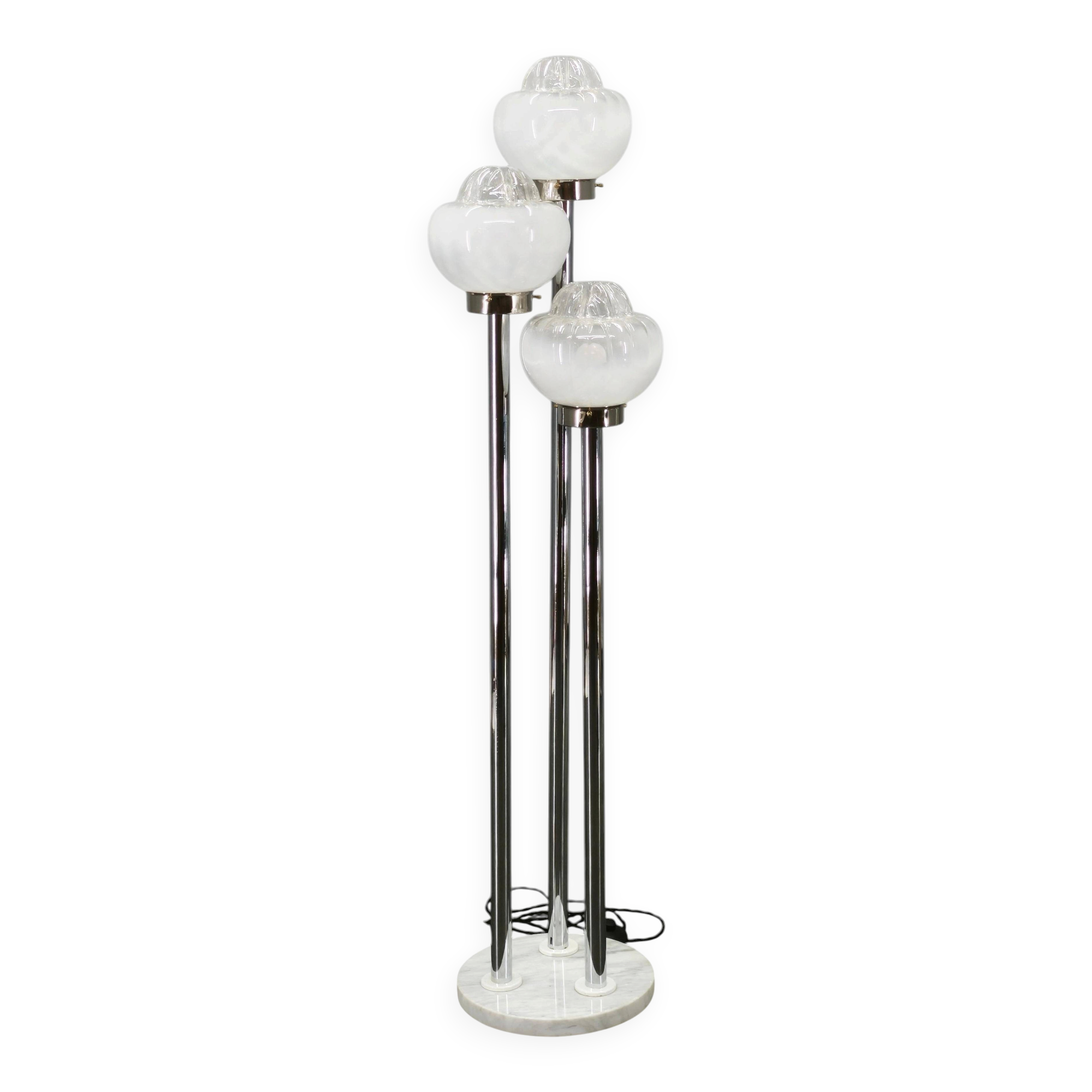 1970s Italian Murano Glass, Chrome and Marble Three-Light Floor Lamp