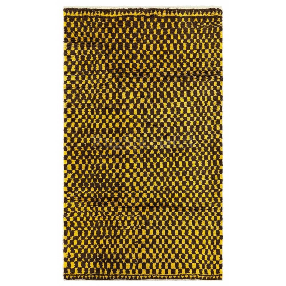 Hand-Knotted Checkered Tulu Rug. 100% Wool. Brown & Mustard Yellow Carpet. Custom Options Available