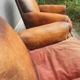 Pair armchairs club leather "punk" back mustache