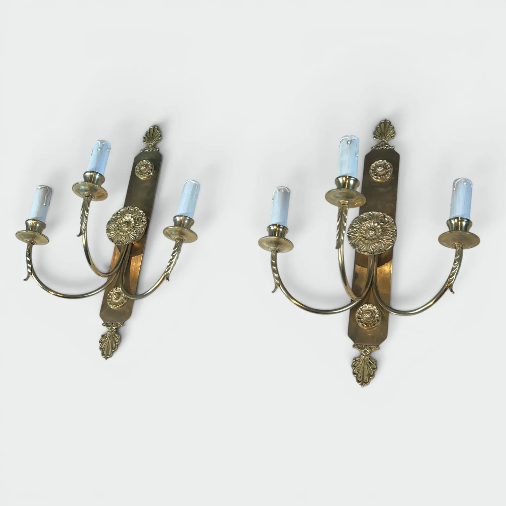 Pair of Neoclassical Wall Lights with Three Arms in Brass with Decoration