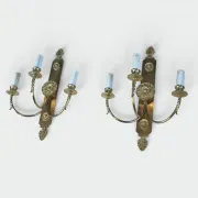 Pair of Neoclassical Wall Lights with Three Arms in Brass with Decoration