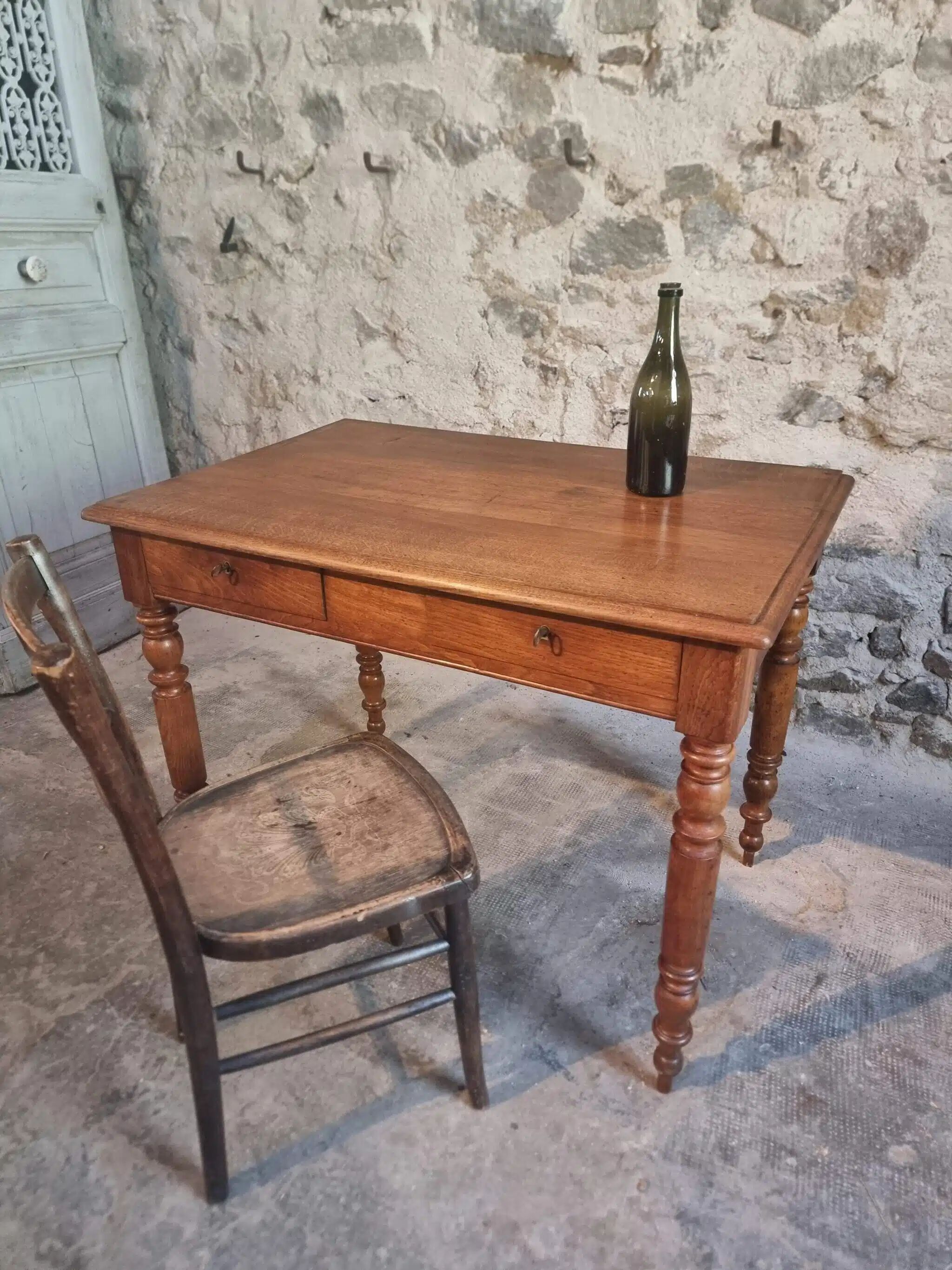 Antique French oak writing desk with 2 lockable drawers, circa 1920.