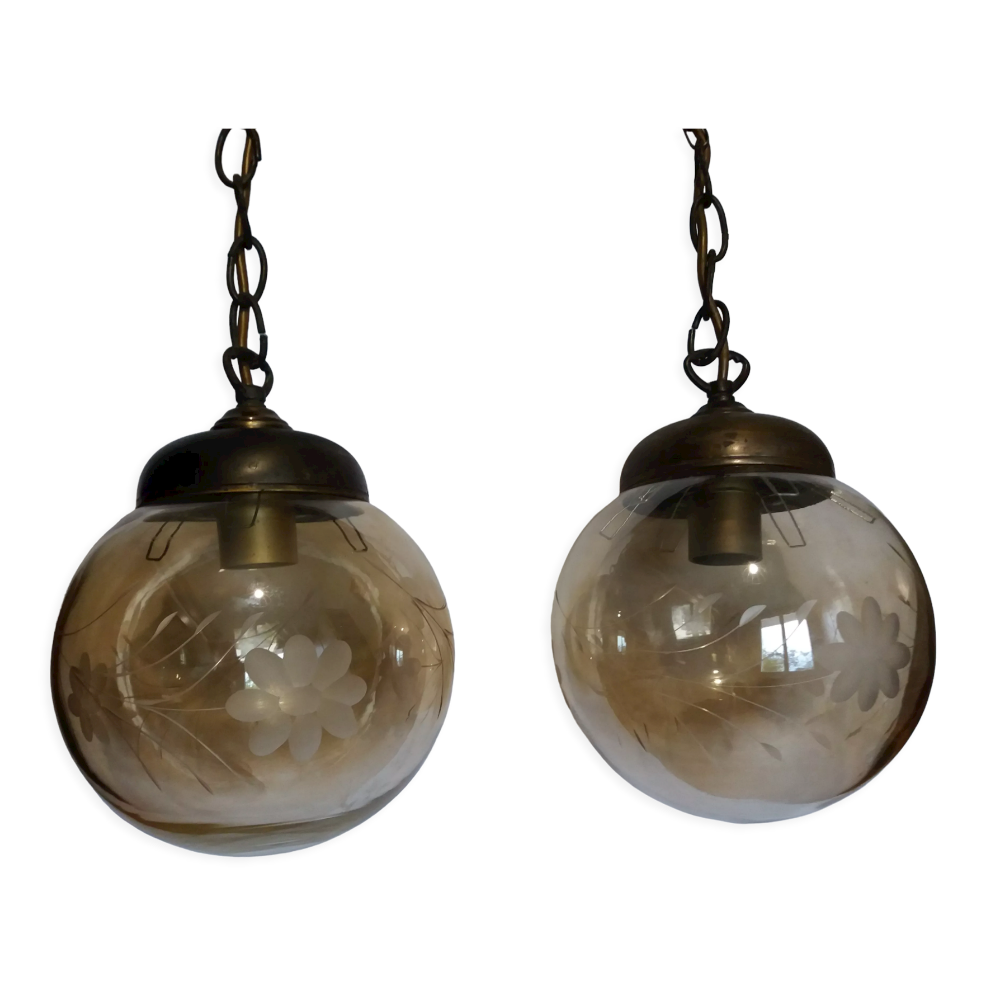 2 amber chiseled blown glass globe ball pendants
