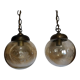 2 amber chiseled blown glass globe ball pendants