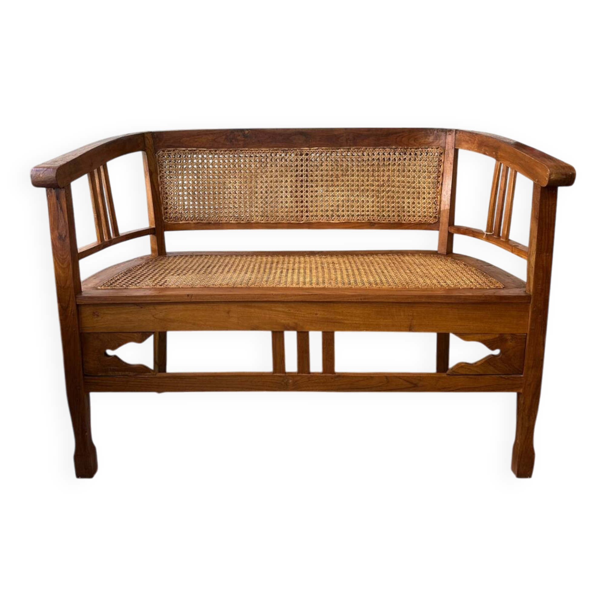 Art Deco wooden and cane bench