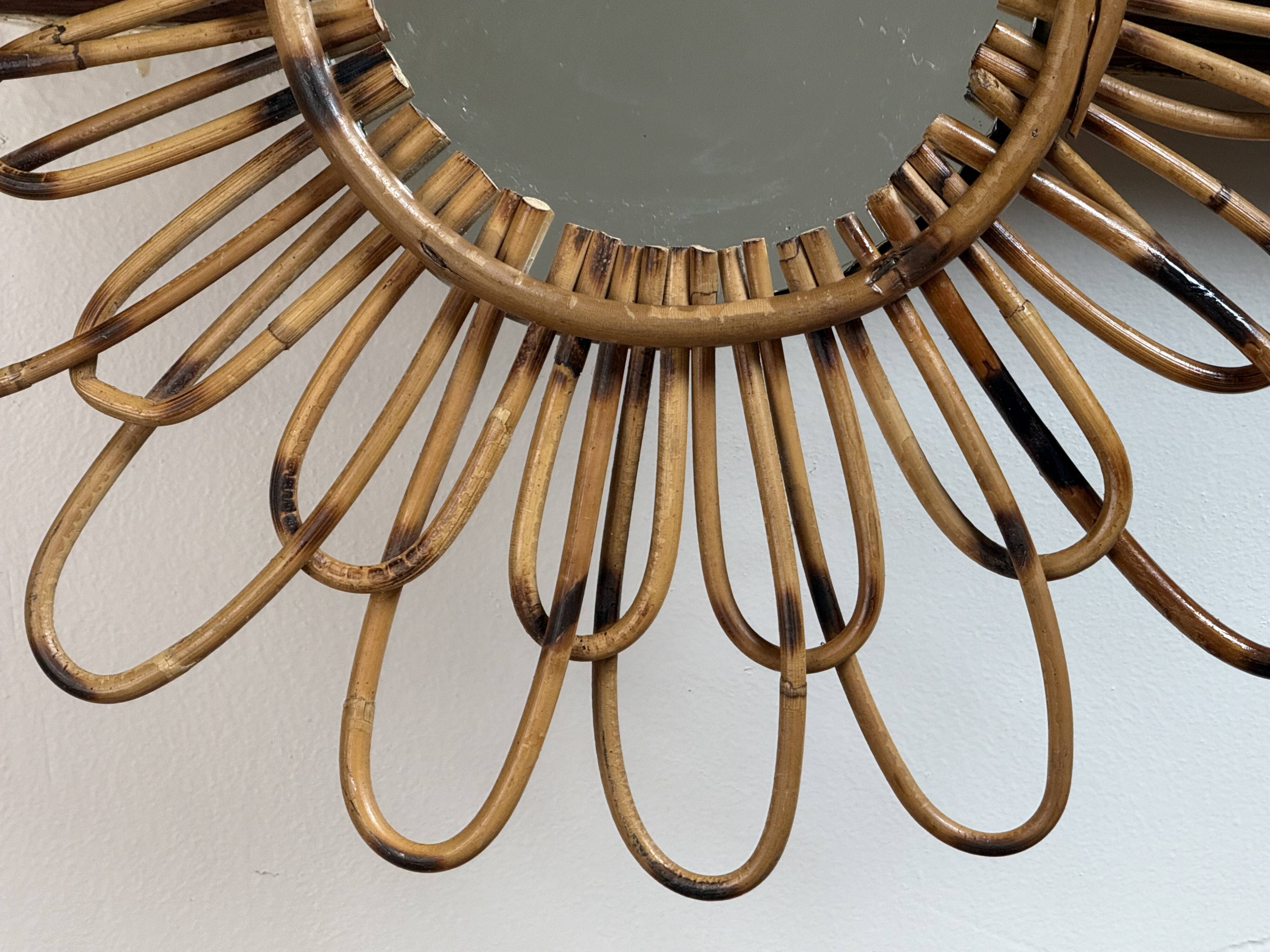 1950s rattan sun mirror France