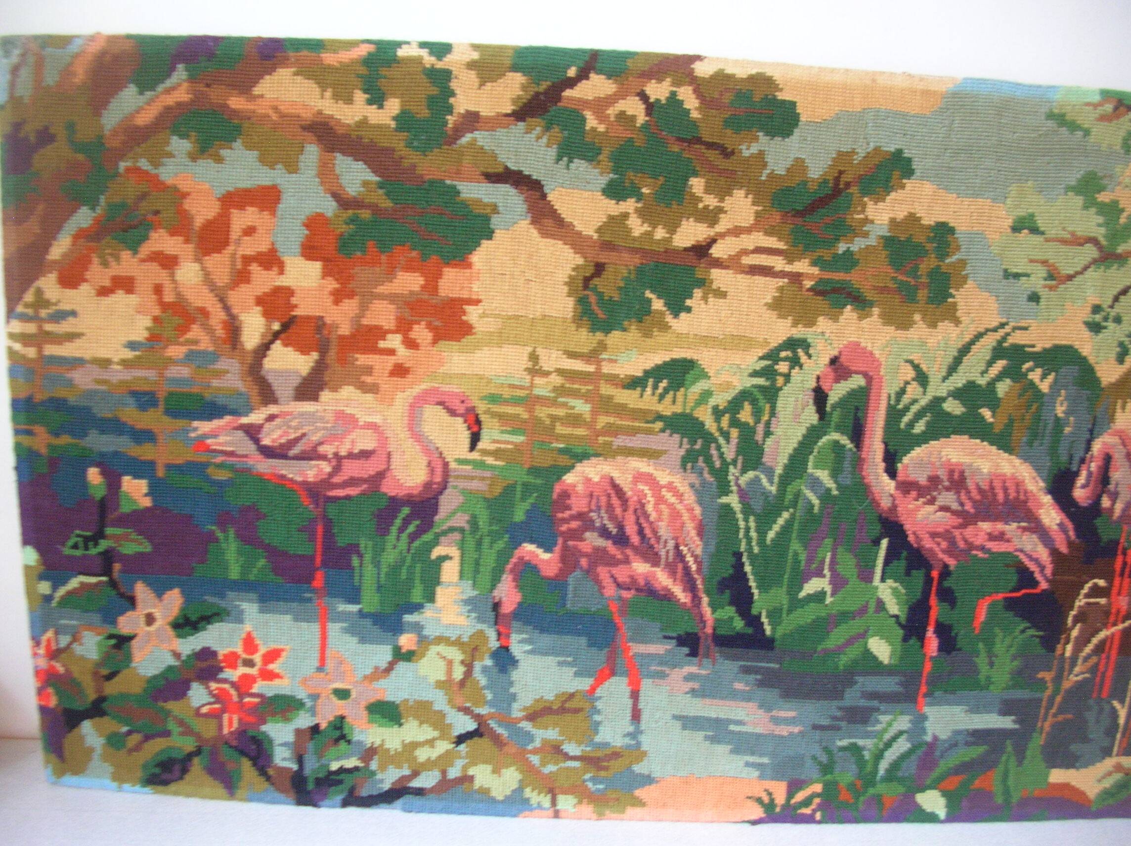 Old canvas tapestry made from a group of pink flamingos 102 cm vintage decoration 1970