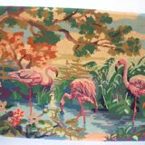 Old canvas tapestry made from a group of pink flamingos 102 cm vintage decoration 1970